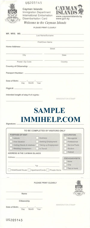 Sample Cayman Islands - Disembarkation Card