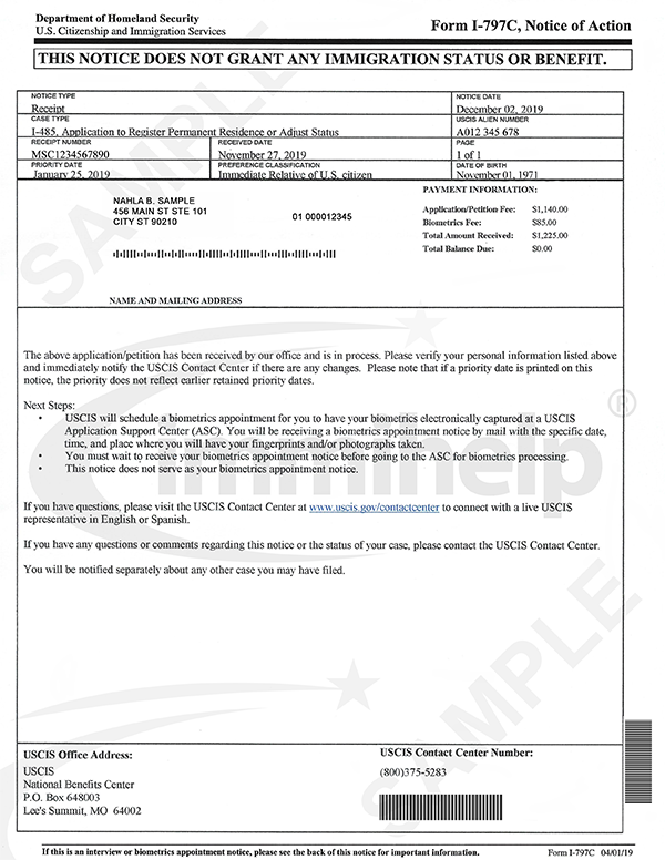 Sample Adjustment of Status Receipt - Notice of Action