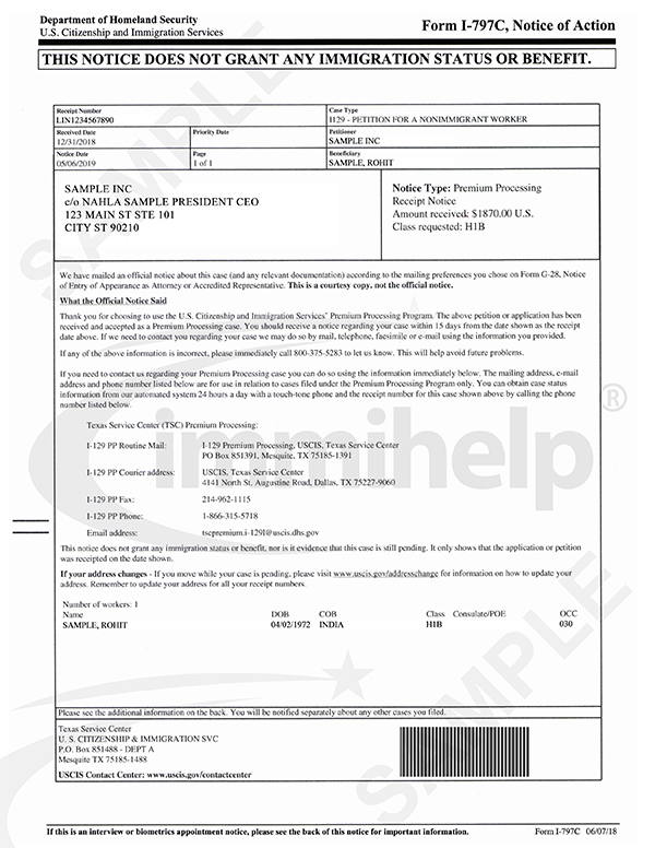 Sample I 129 Premium Processing Receipt Notice Of Action