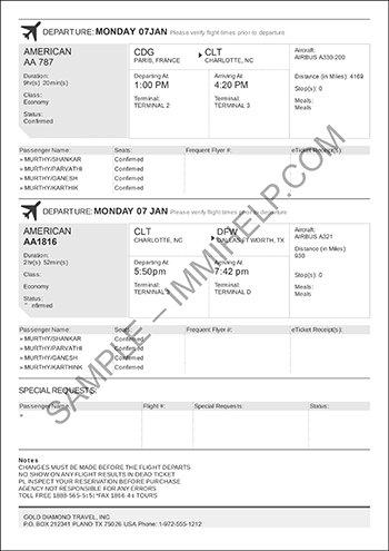 Sample Flight Itinerary - Returning