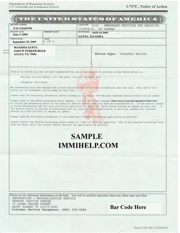 Sample I-130 Transfer Notice