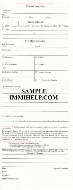 Sample Paper Form I-94 Arrival/Departure Record