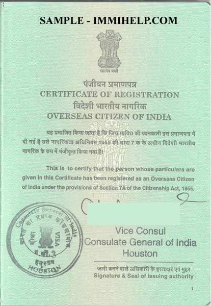 Sample OCI Card India - Registration Booklet