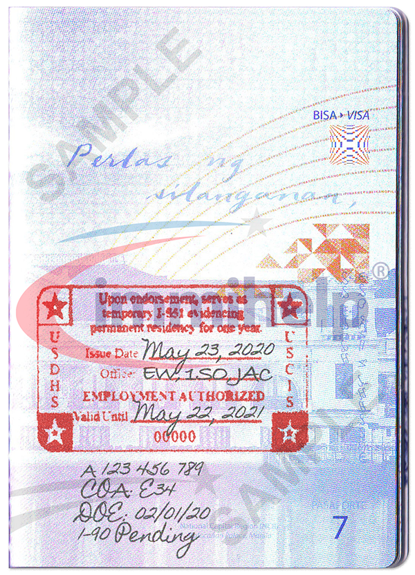 Sample Temporary Green Card Stamp (I-551) in Passport