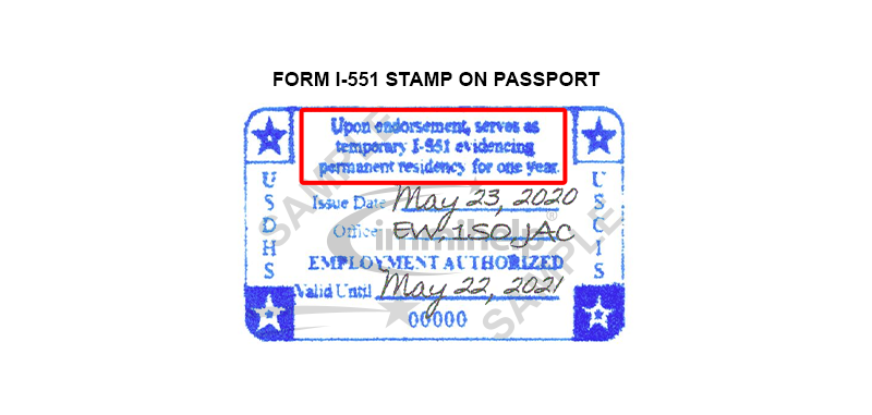 Form I-551 stamp on passport. 