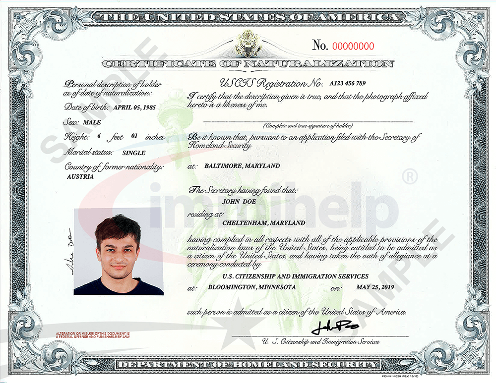 Ejemplo de certificado de naturalización estadounidense